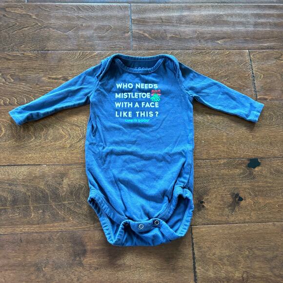 Life Is Good Boys 6-12 Months Christmas Mistletoe Onesie Bodysuit Blue Green - Picture 1 of 5